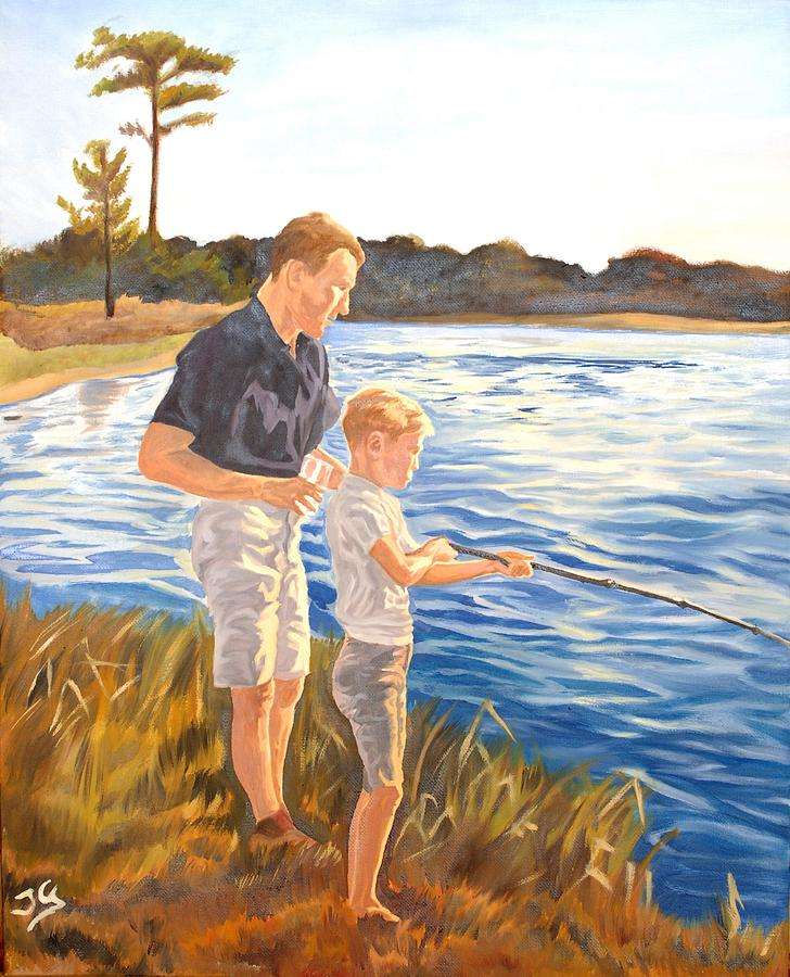 Figlio con padre e pesca in riva al lago puzzle online