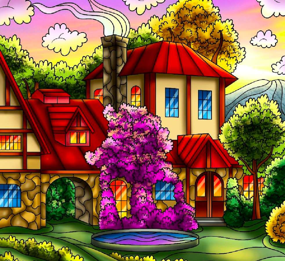 Een lief huis met een fontein in de tuin legpuzzel online