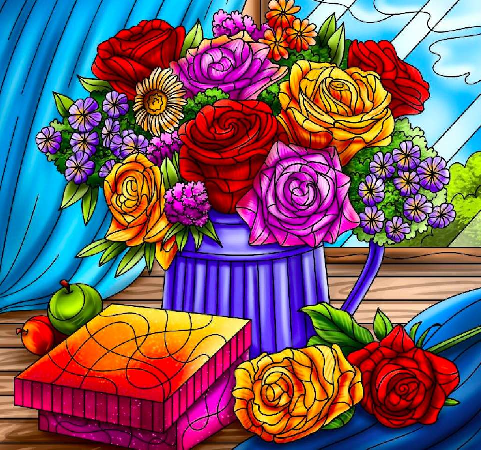 En charmig bukett blommor - rosor regerar pussel på nätet