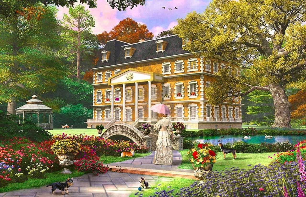 Die Schönheit dieses Ortes beeindruckt, der Teich, der Garten, der Palast Online-Puzzle