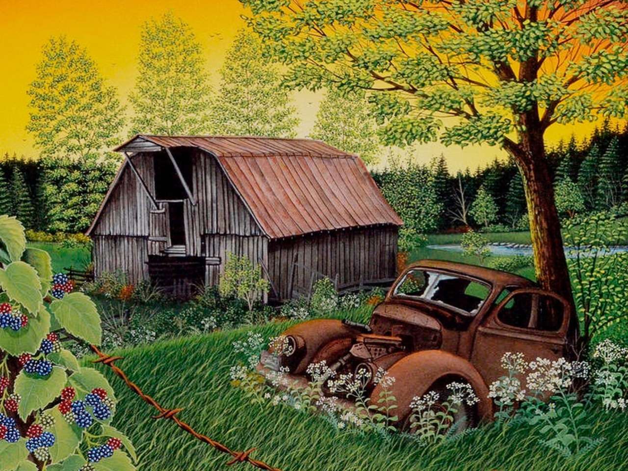 Verlassene alte Scheune, altes Auto, ihre Zeit ist vergangen Online-Puzzle