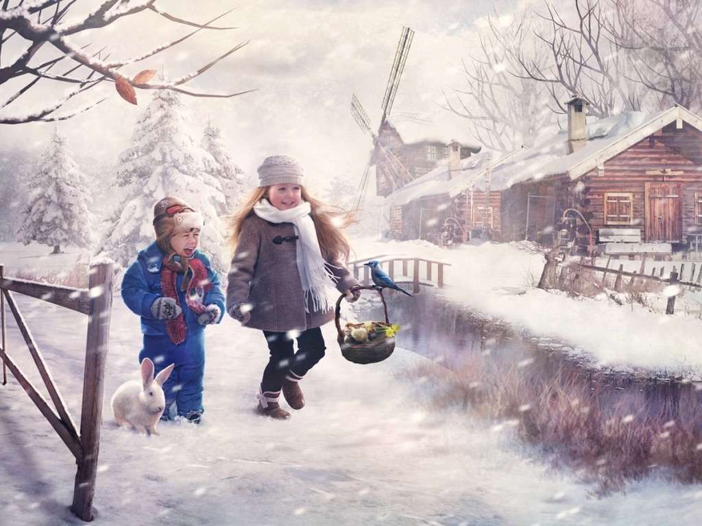 Wintervreugde van kinderen en hun onschatbare glimlach :) online puzzel