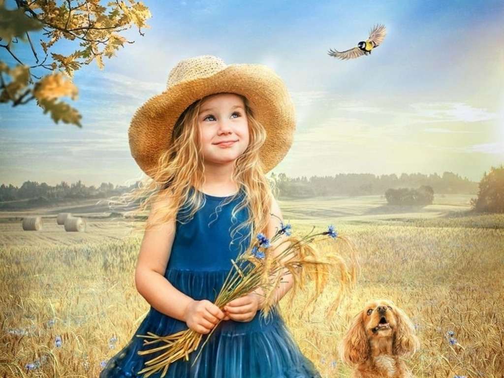 En guldhårig tjej, gyllene öron och åkerblåklint pussel på nätet