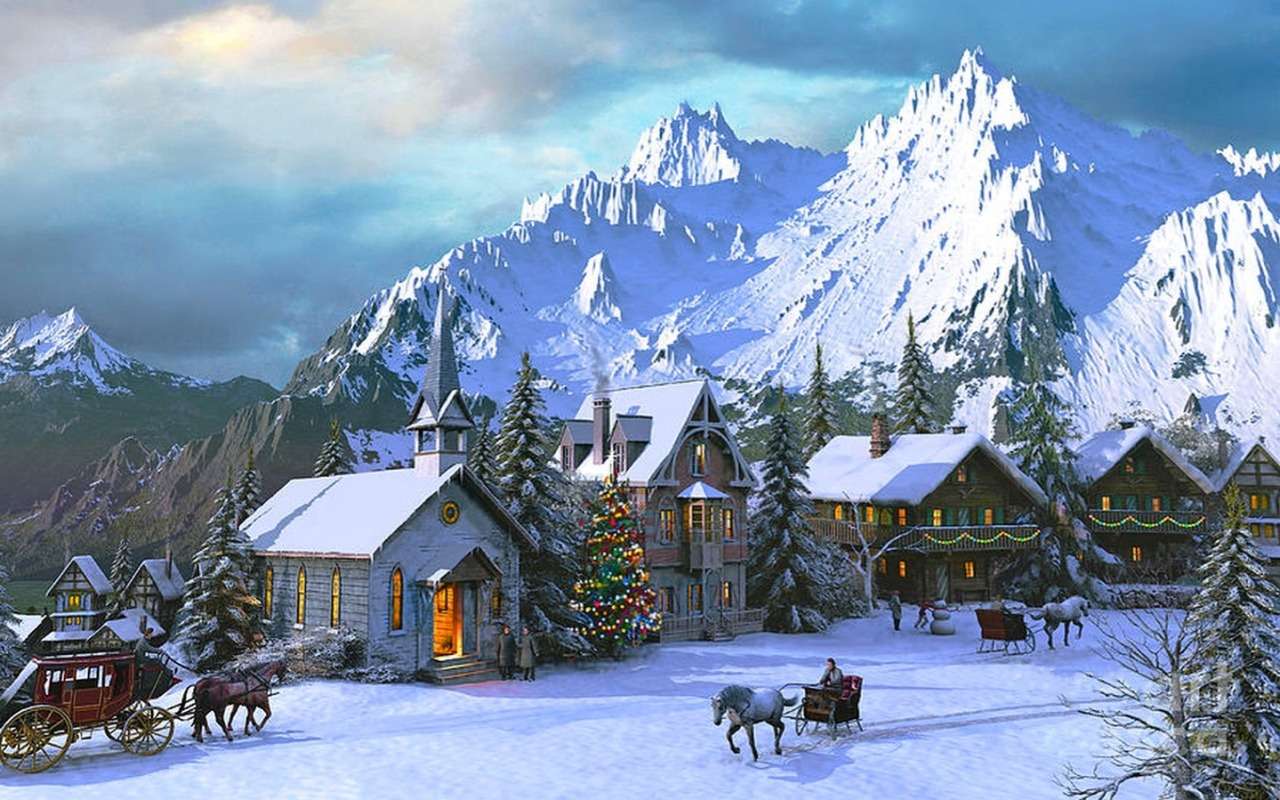 Ünnepélyesen berendezett alpesi falu, gyönyörű kilátással online puzzle