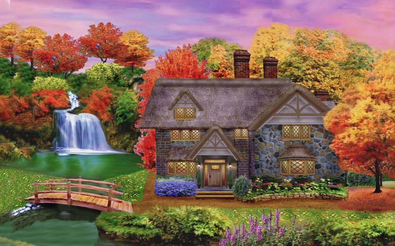 Casa de outono com jardim, como em um conto de fadas quebra-cabeças online
