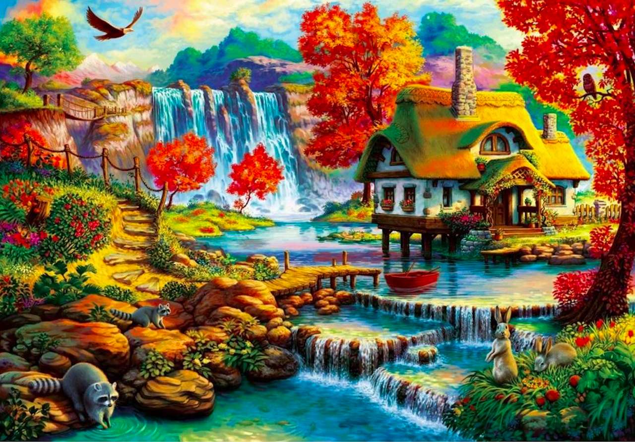 Egy bájos ház a vízen, gyönyörű kerttel, egy csoda online puzzle