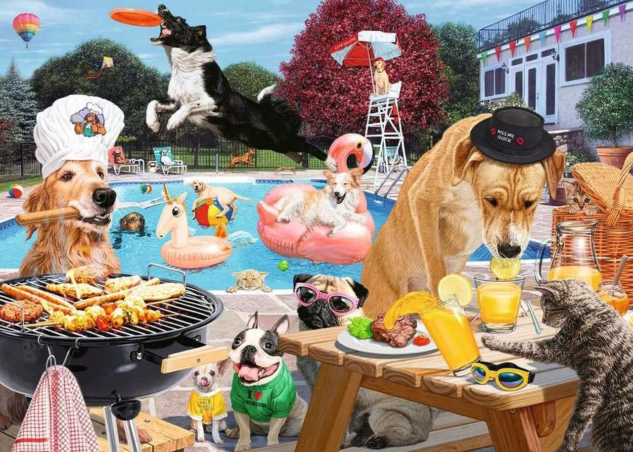 Hundfest vid poolen - djuren blir galna :) pussel på nätet
