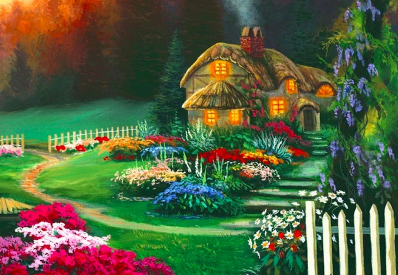 Чарівний будинок із садом у похмурому лісі онлайн пазл