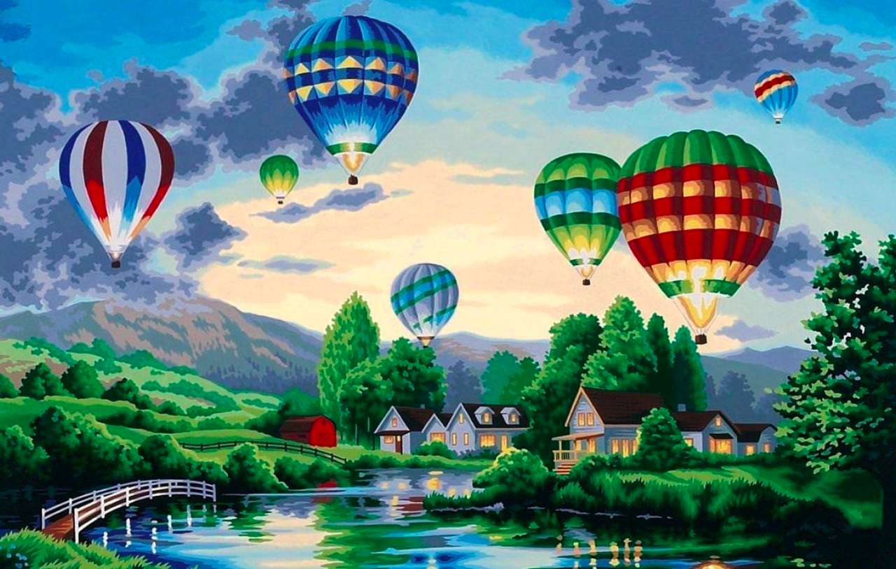 村の上空を飛行する気球のパレード、魅力的な光景 ジグソーパズルオンライン