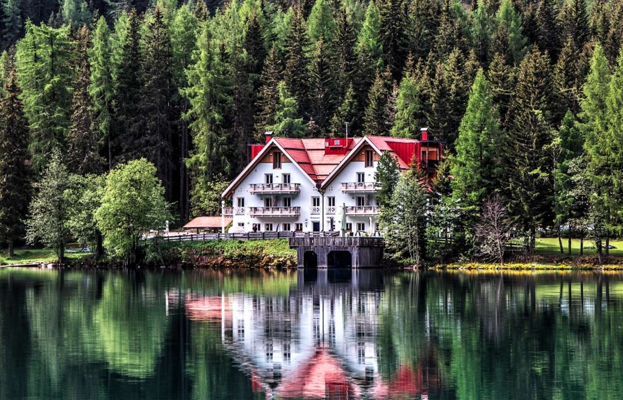 Una hermosa casa en un hermoso bosque en un hermoso lago rompecabezas en línea