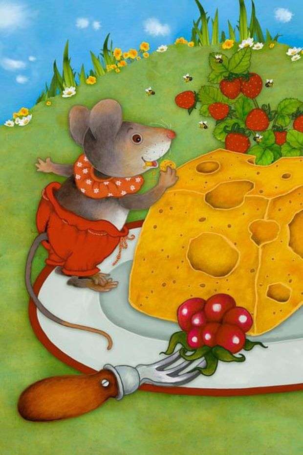 Topolino con un grosso pezzo di formaggio. puzzle online