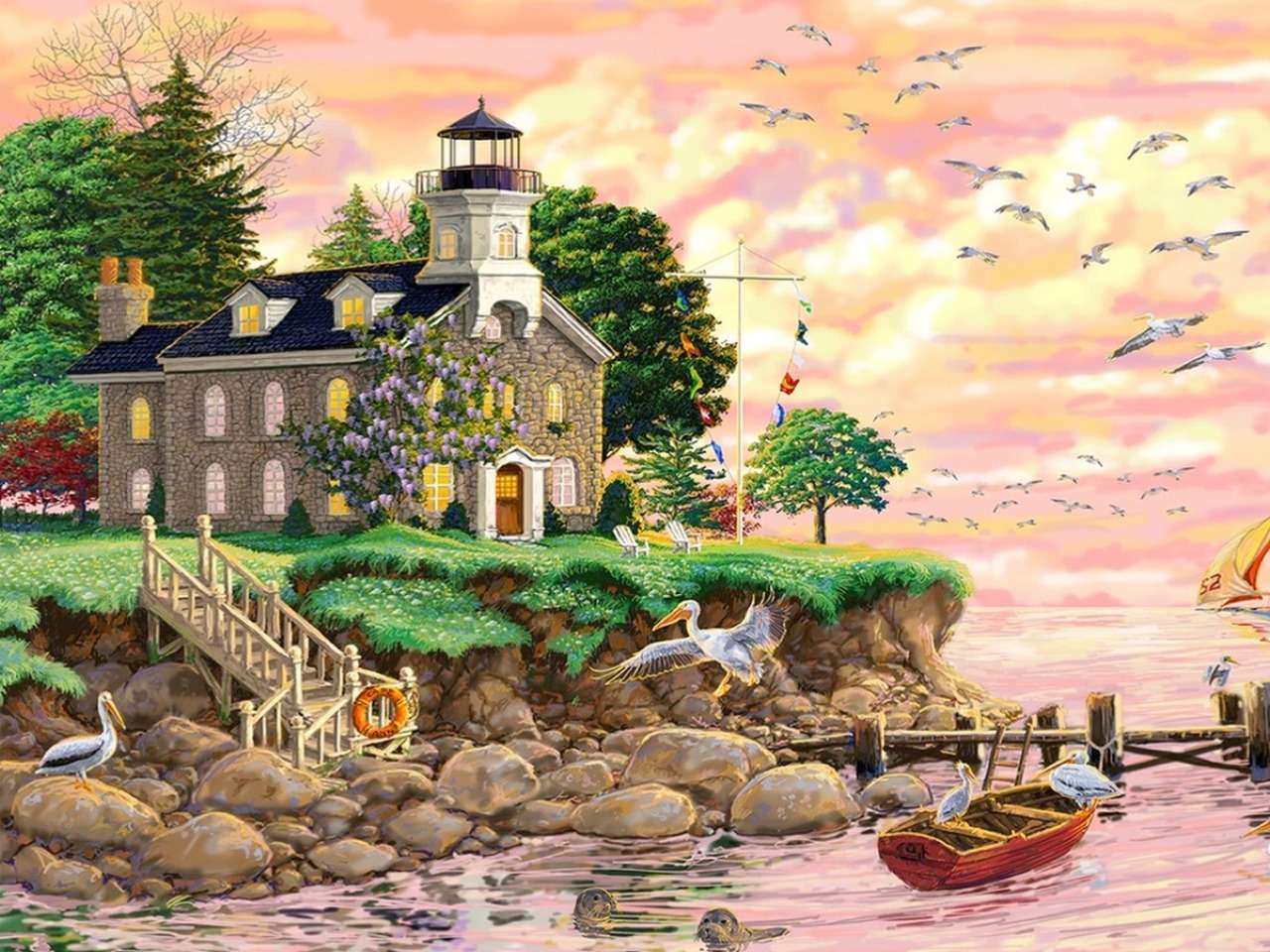 O biserică fermecătoare lângă ocean, păsări, morse, stârci jigsaw puzzle online