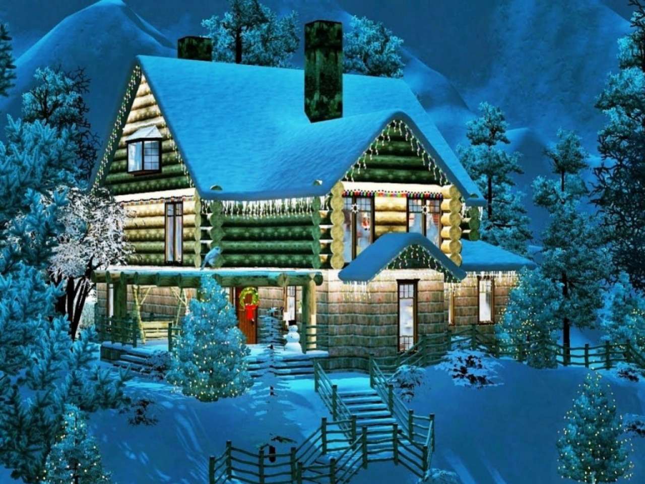 O casa de vara frumos decorata iarna :) puzzle online