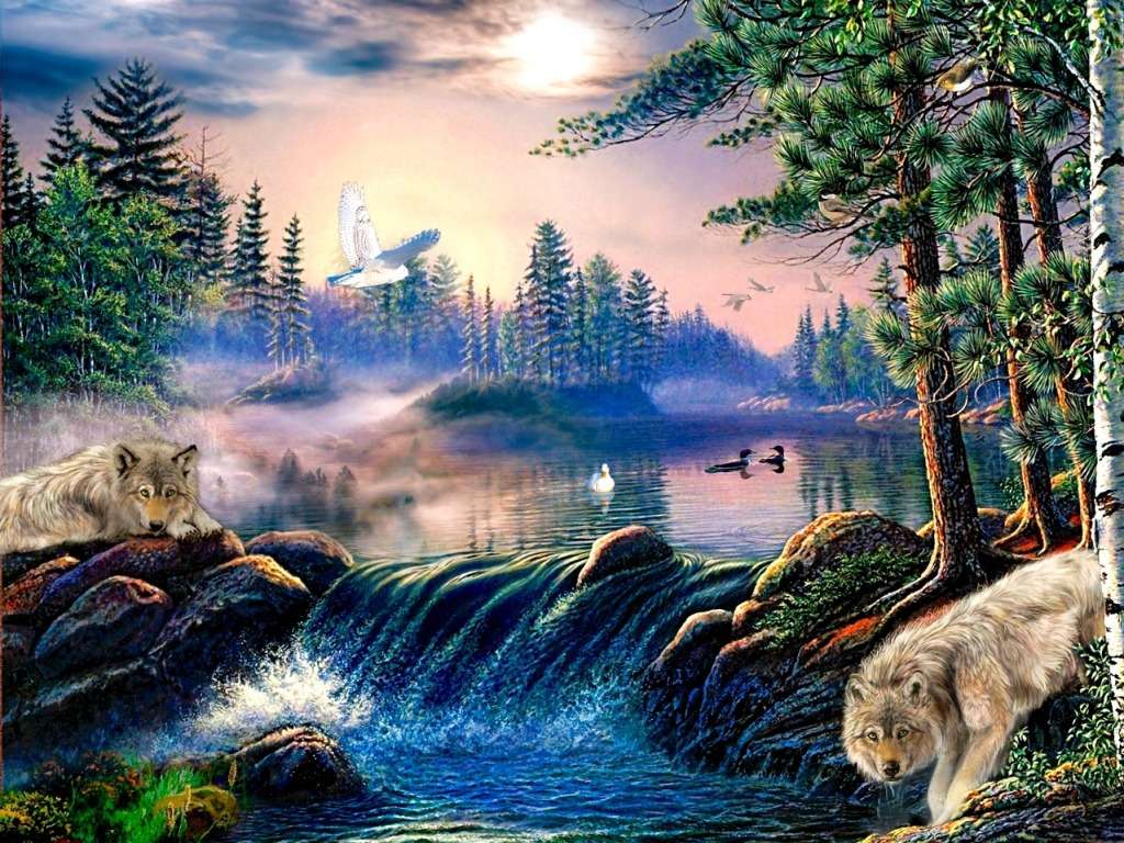 Oblíbené místo vlků na malé přehradě skládačky online