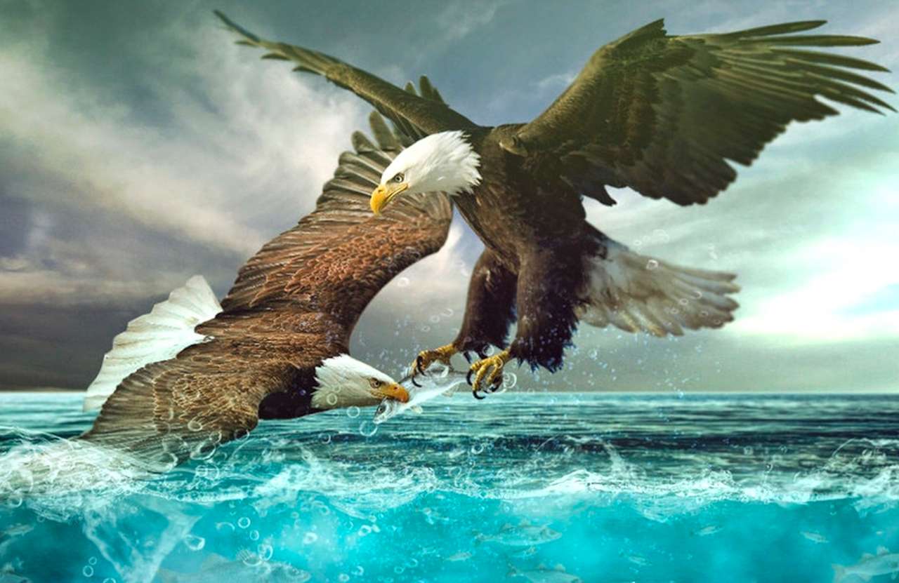 Eagles Fighting Over Fish - орли, борещи се над риба онлайн пъзел