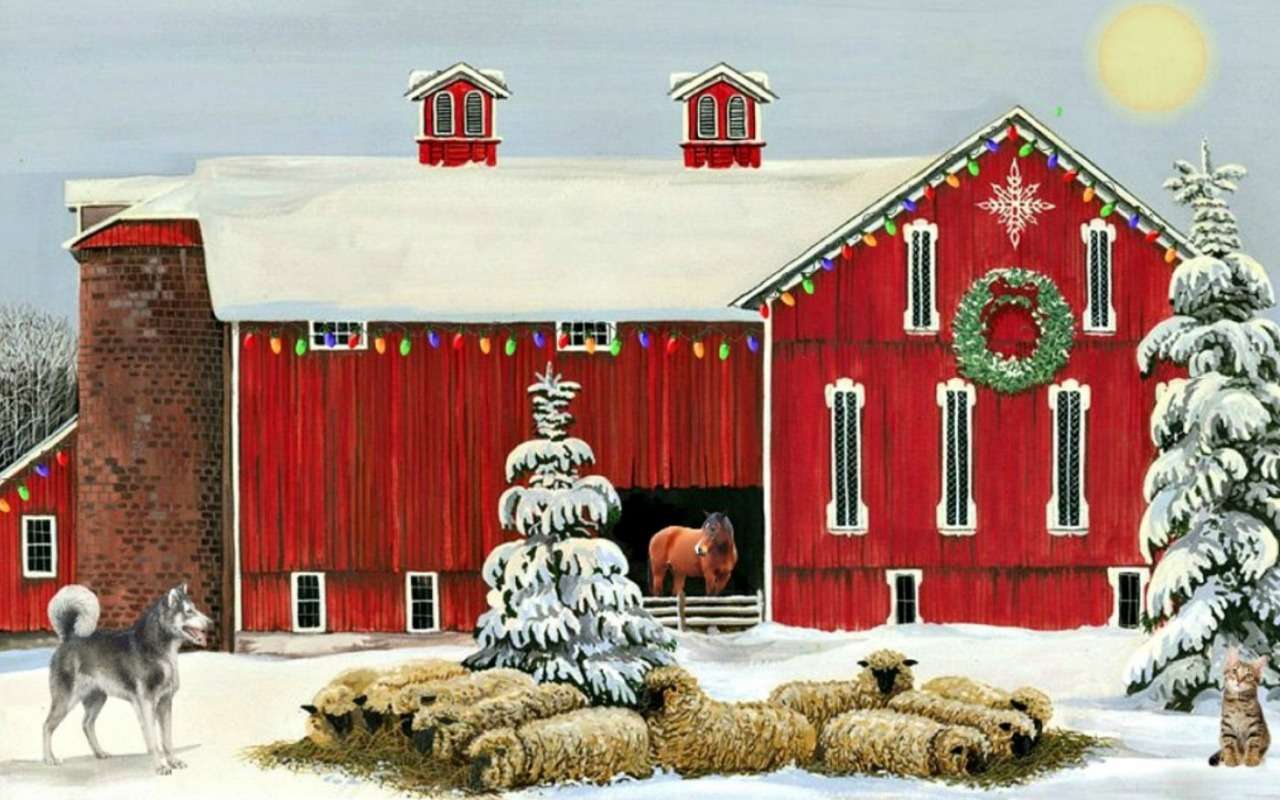 Decorated barn, rams, dog, cat, horse ready :) jigsaw puzzle online