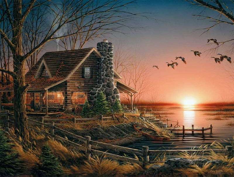 Casa sul lago la sera puzzle online