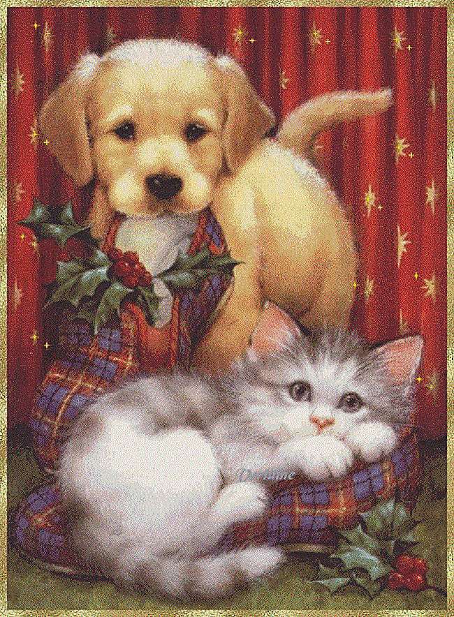 Chiot et chaton de Noël puzzle en ligne