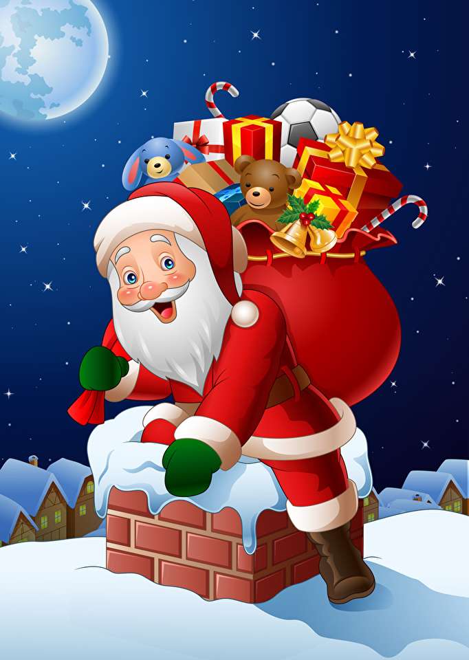 Moș Crăciun cu cadouri pe acoperiș puzzle online