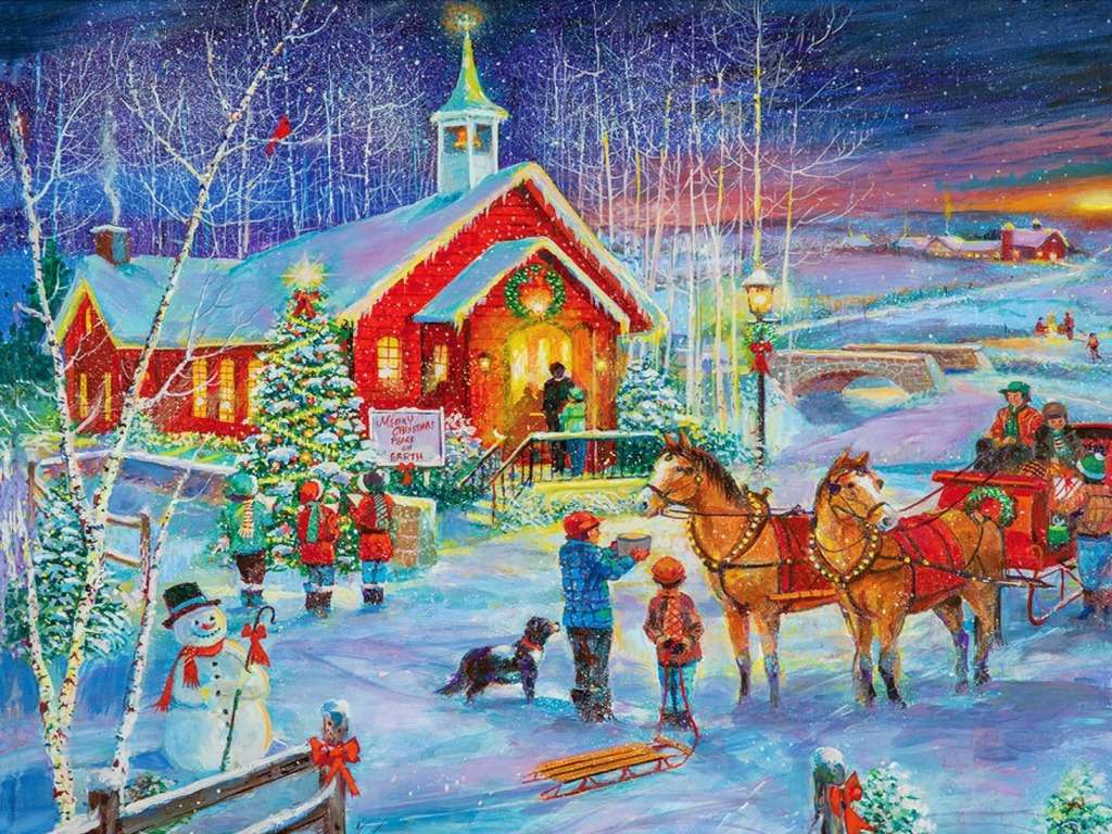 Igreja vermelha para o Natal vestida puzzle online
