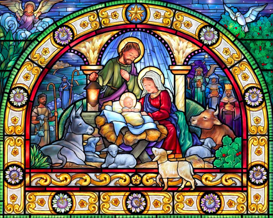 ステンドグラスで描かれたキリスト降誕のシーン、何か美しい:) オンラインパズル