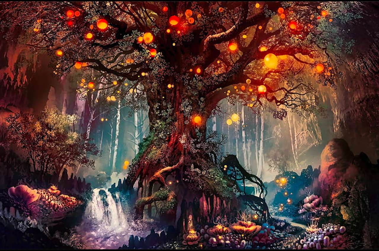 Ein alter Baum beleuchtet mit Lampen, eine wunderbare Aussicht Puzzlespiel online