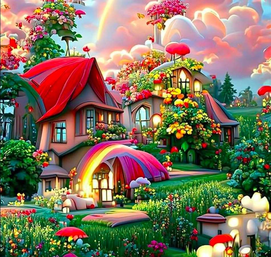 Ett fantastiskt färgglatt vackert hus med trädgård Pussel online
