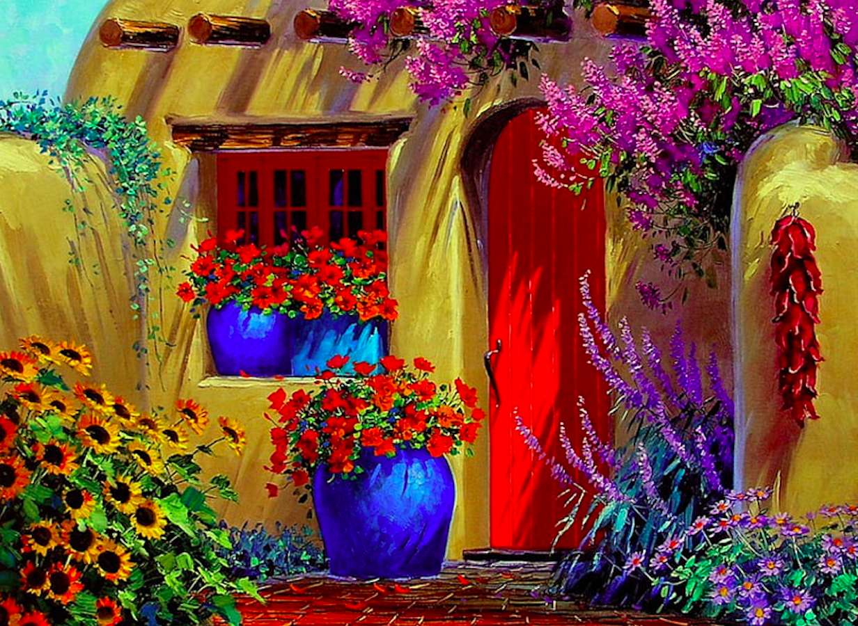 Ein farbenfrohes Haus mit einer farbenfrohen Blumenterrasse Puzzlespiel online