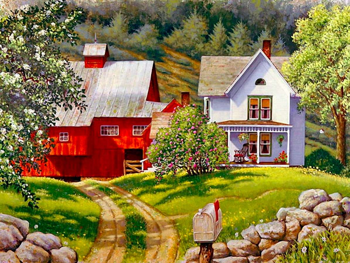 Ein charmantes weißes Haus, eine rote Scheune, eine wunderbare Aussicht Puzzlespiel online