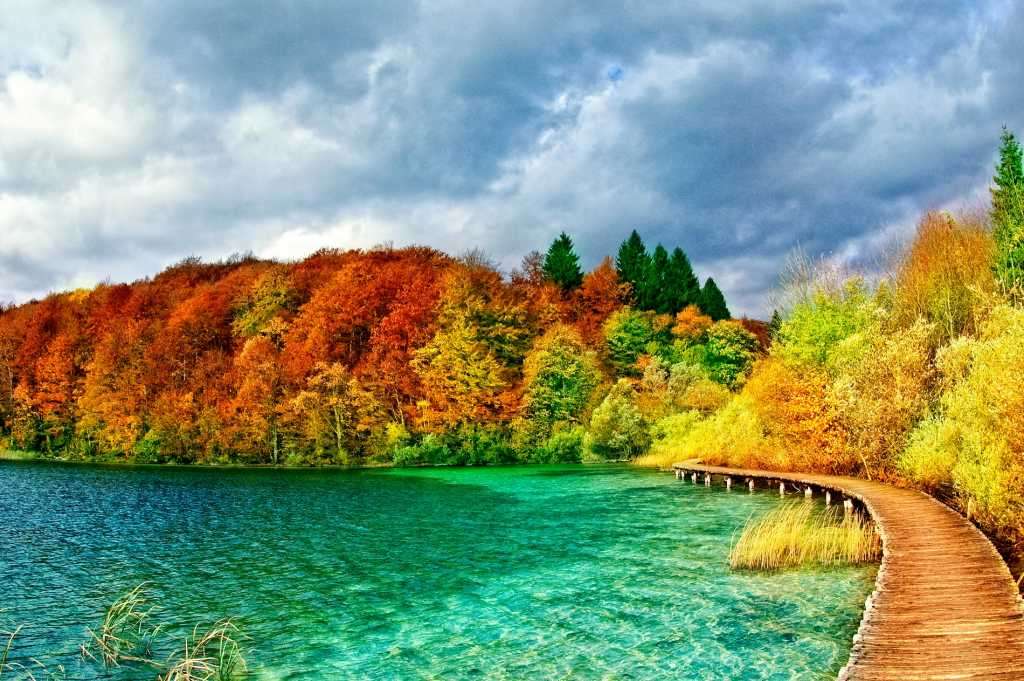 Lago con muelle en otoño rompecabezas en línea