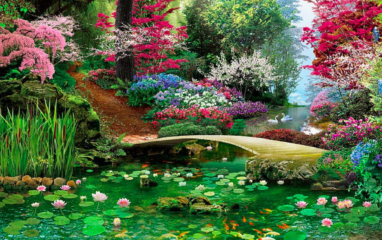 Пролетен рай, два лебеда и очарователен мост онлайн пъзел