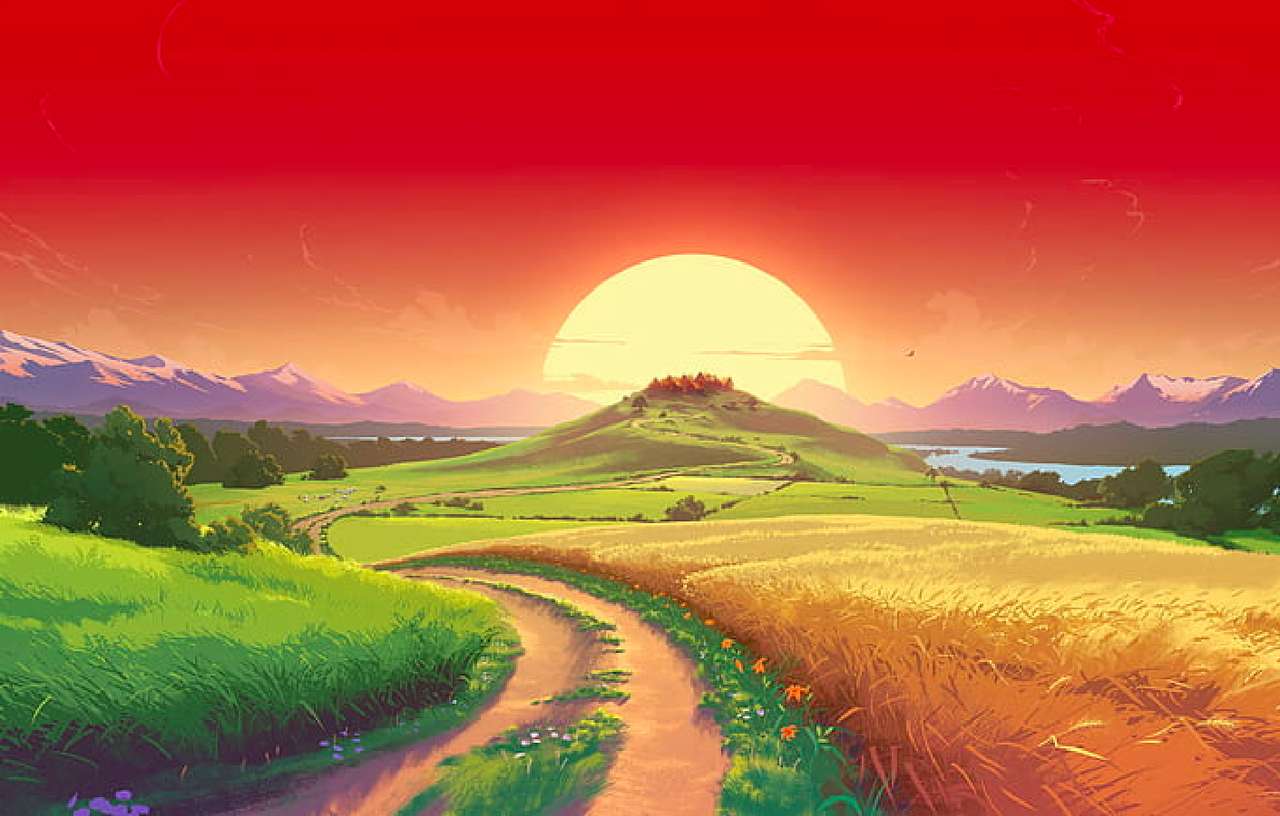 Μωβ ηλιοβασίλεμα πάνω από τα χωράφια, όμορφη θέα online παζλ