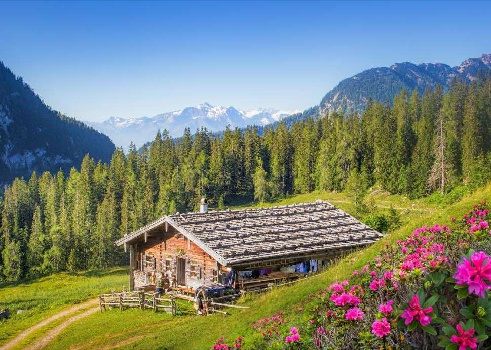 Дерев'яна хатинка в горах онлайн пазл
