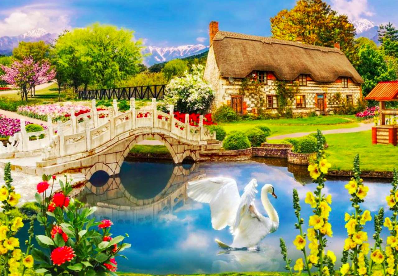 Een heerlijk huis met een brug over de rivier, schoonheidslekkernijen legpuzzel online