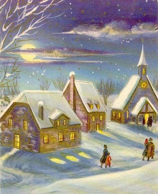 Met Kerst naar de kerk in een besneeuwd landschap legpuzzel online