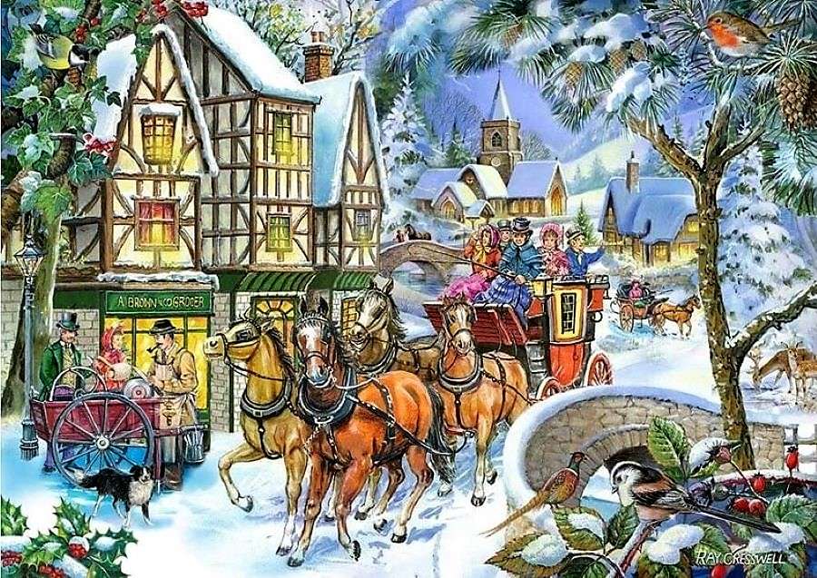 Målning Winter in the English Village pussel på nätet