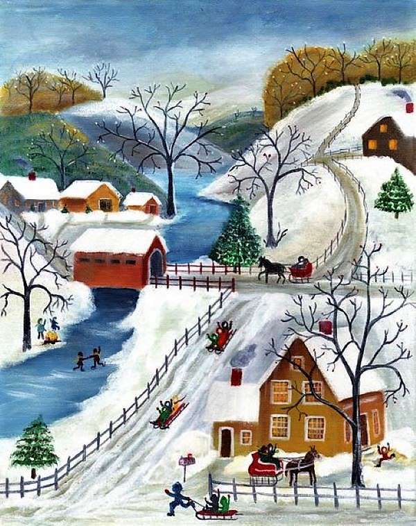Картина зима на село онлайн пъзел