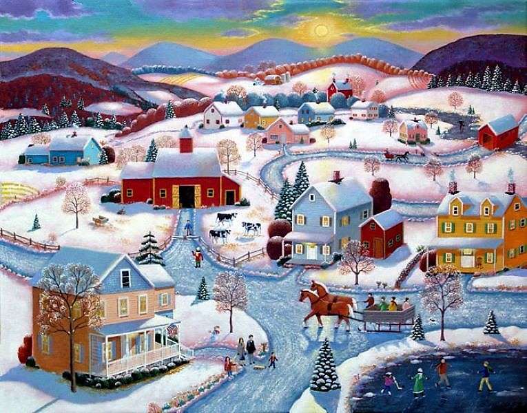 Картина зима в деревне пазл онлайн
