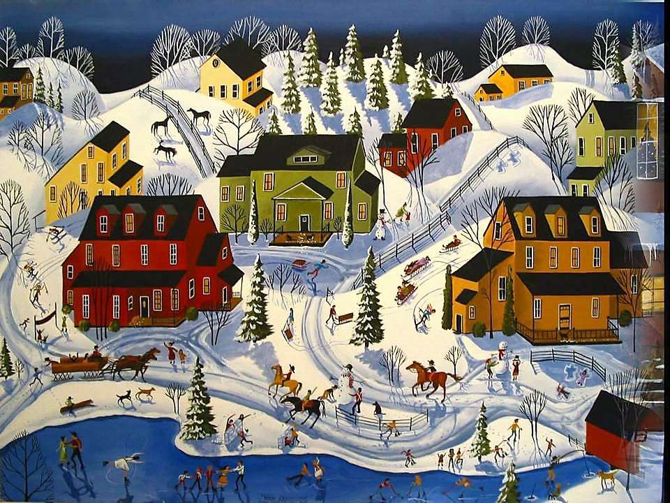 Картина зима в деревне онлайн-пазл