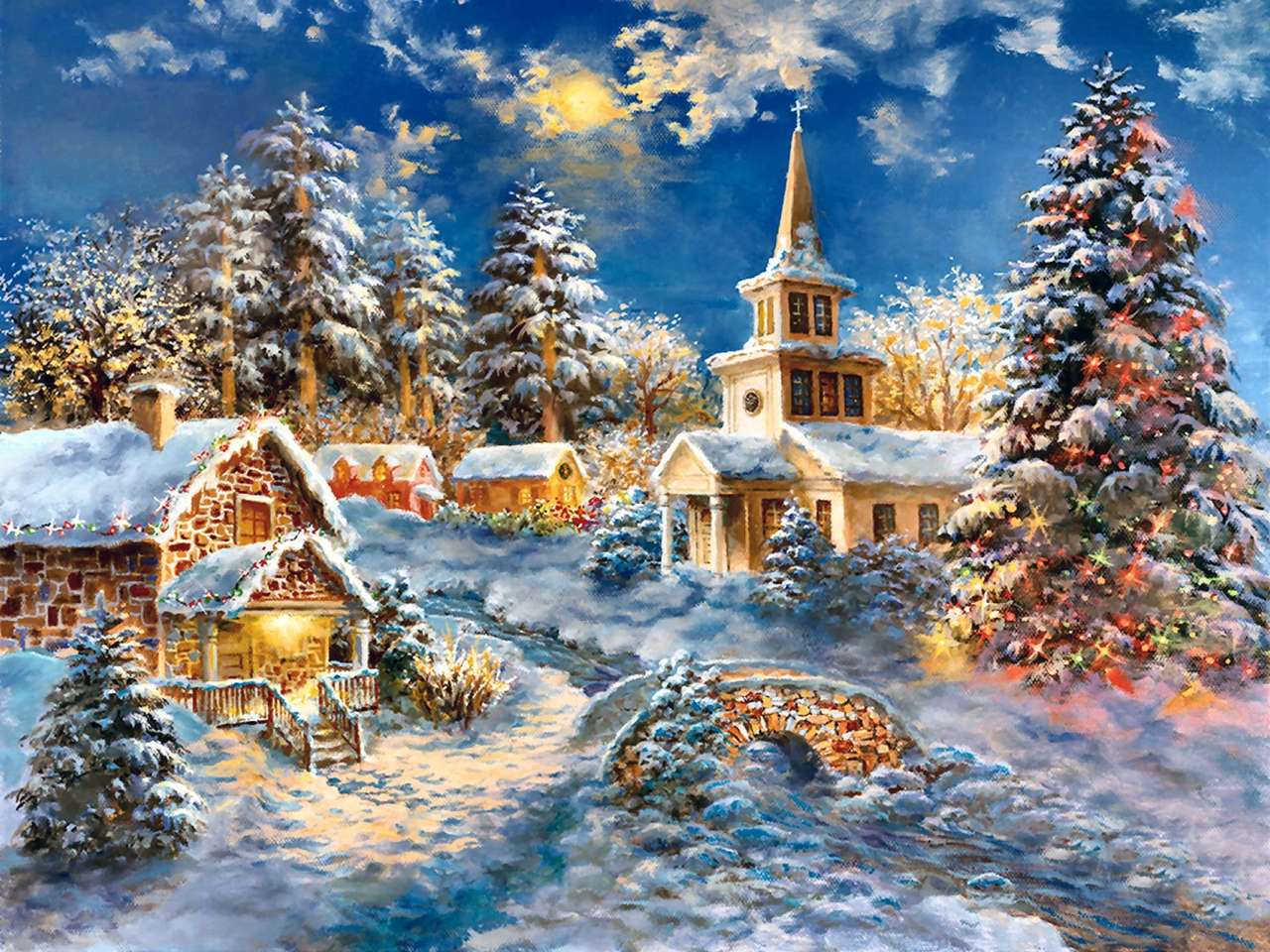 Картина Рождество в деревне пазл онлайн