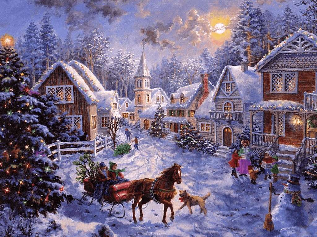 Картина Рождество в деревне онлайн-пазл