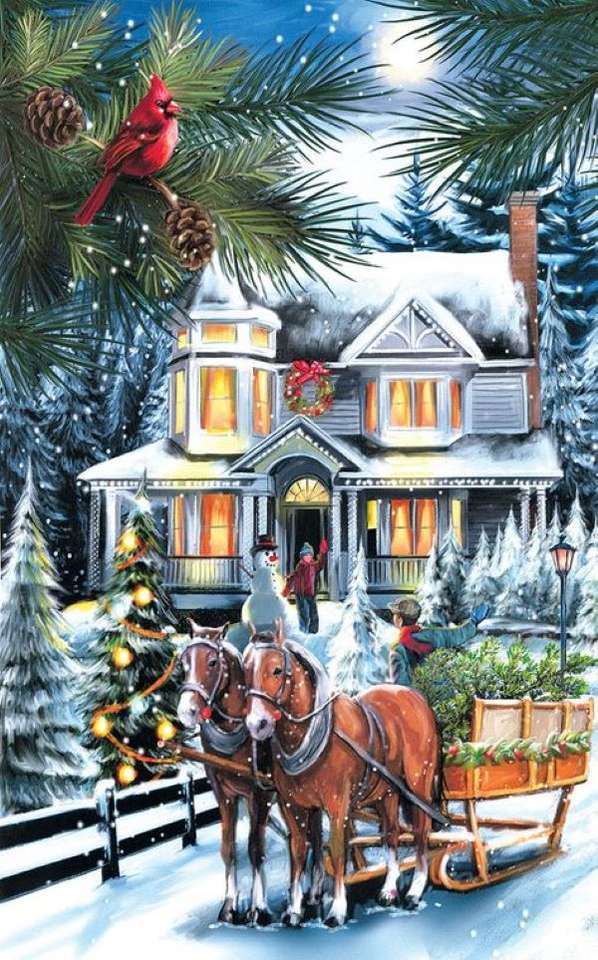 Gemälde Weihnachten Pferdewagen Puzzlespiel online