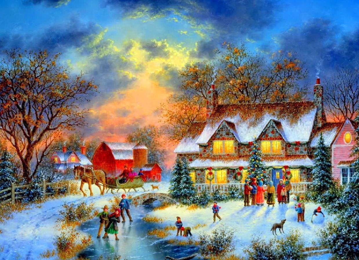 Картина Рождество в деревне пазл онлайн