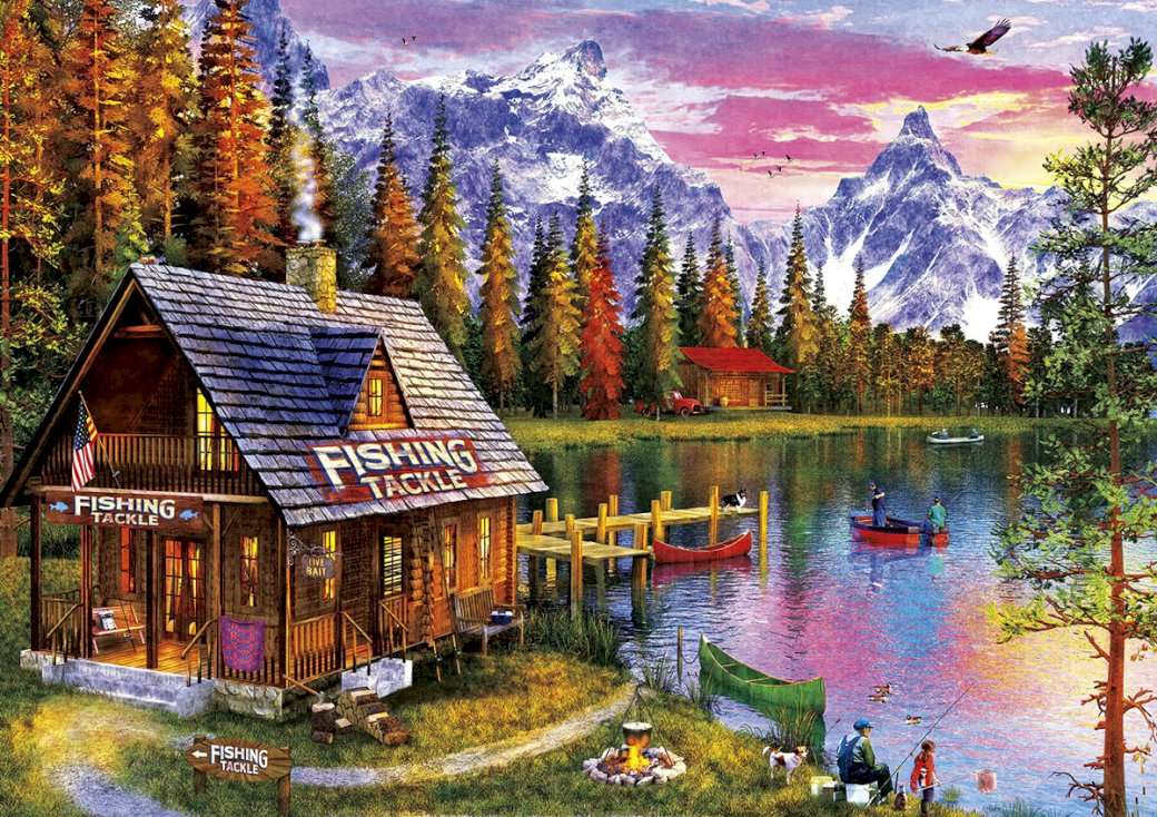 Una casa de madera junto al lago. rompecabezas en línea