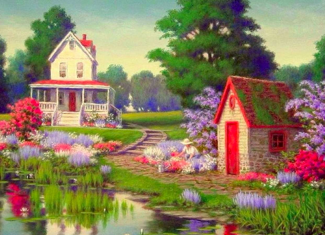 Очарователна селска къща и красива сладка къща на градинар онлайн пъзел