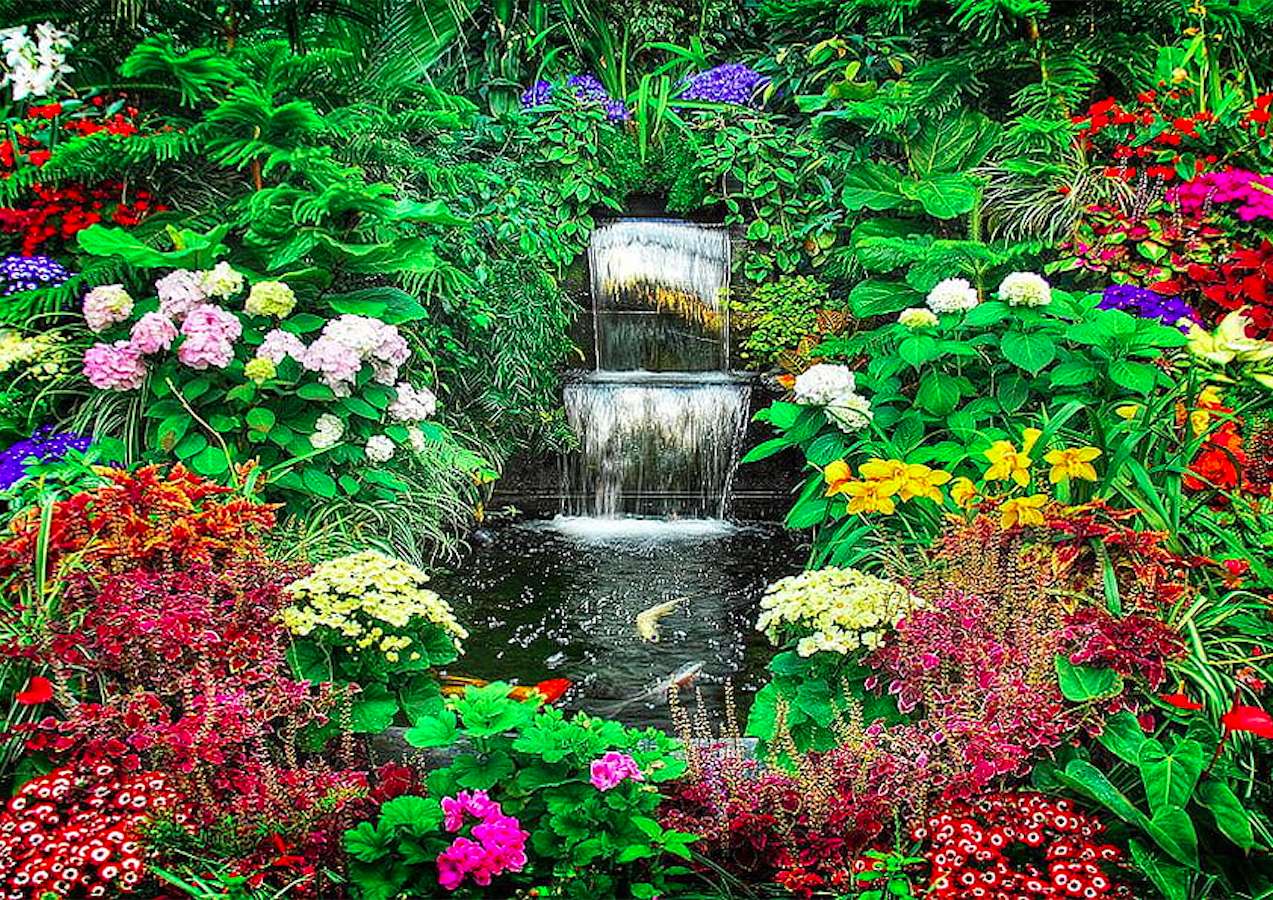 Garden cascade among raging flowers jigsaw puzzle online