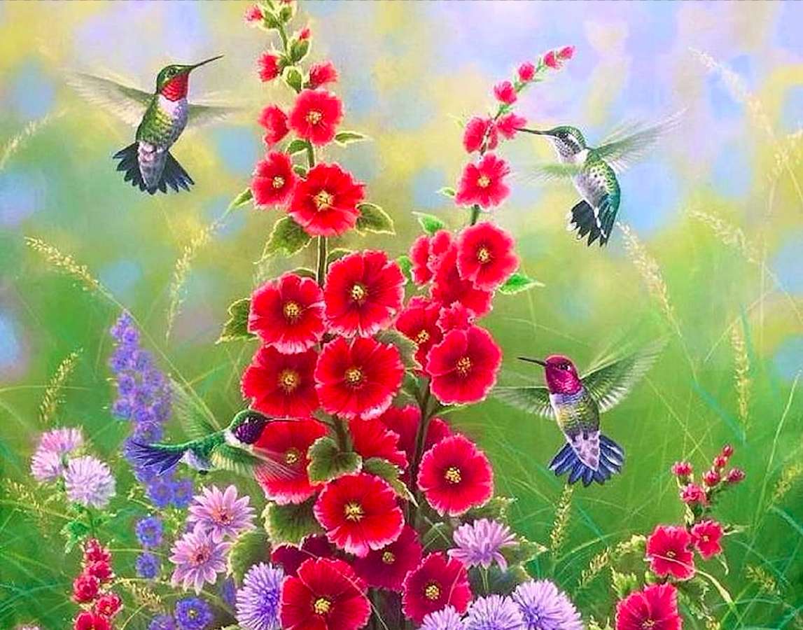 Wunderschöne Stockrosen, Astern, Glockenblumen, Mohnblumen, Königinnen der Gärten Puzzlespiel online