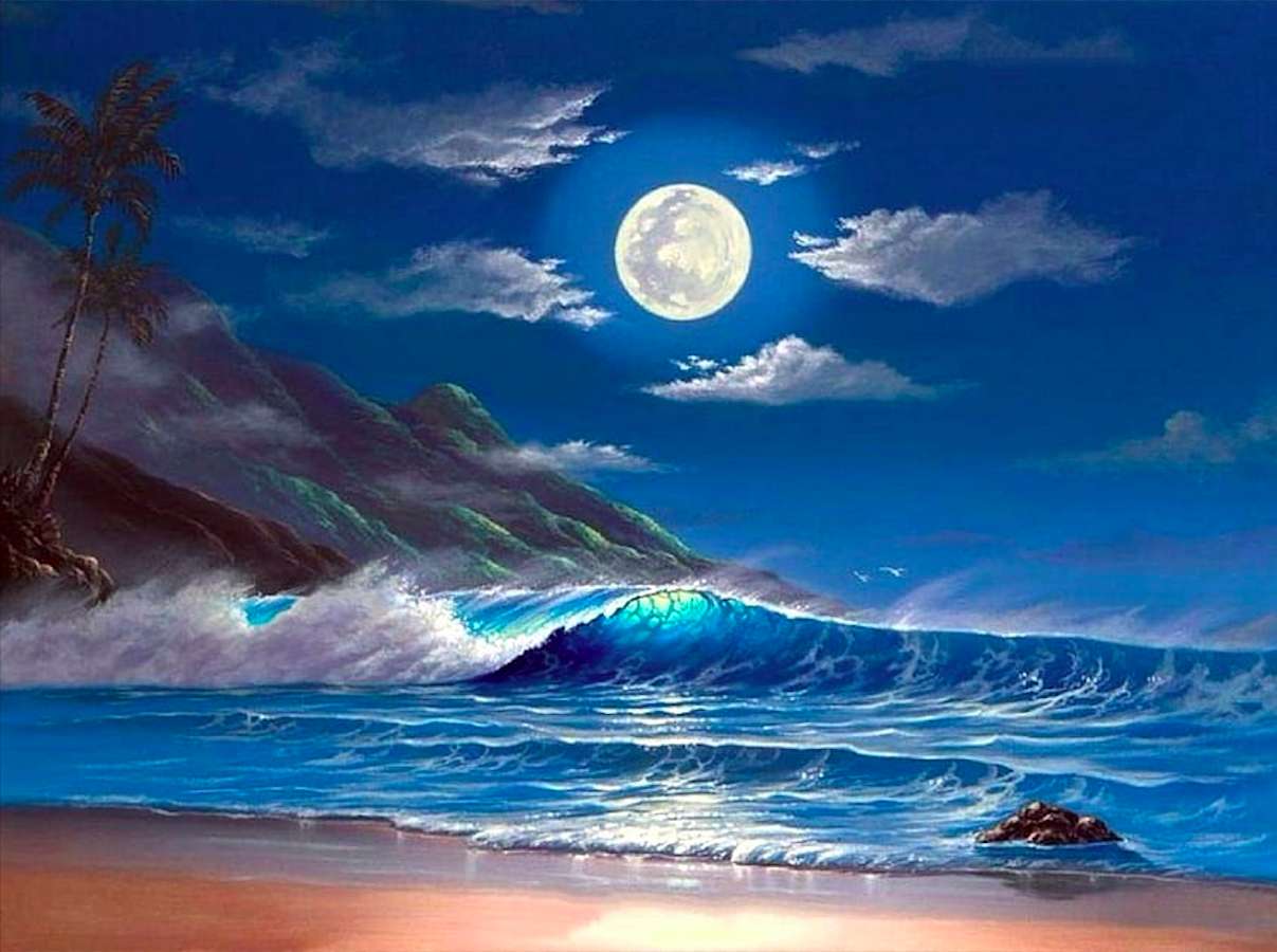Пълна луна над океана - каква гледка онлайн пъзел