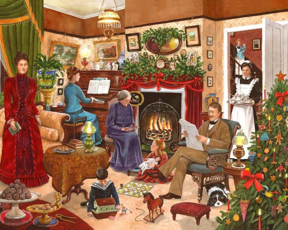 Familie in de woonkamer met kerst legpuzzel online
