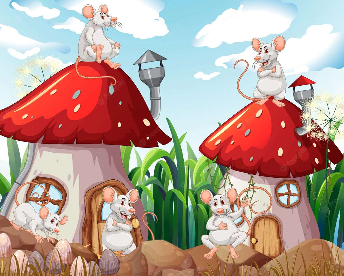 Мишки пред къщата за гъби. онлайн пъзел